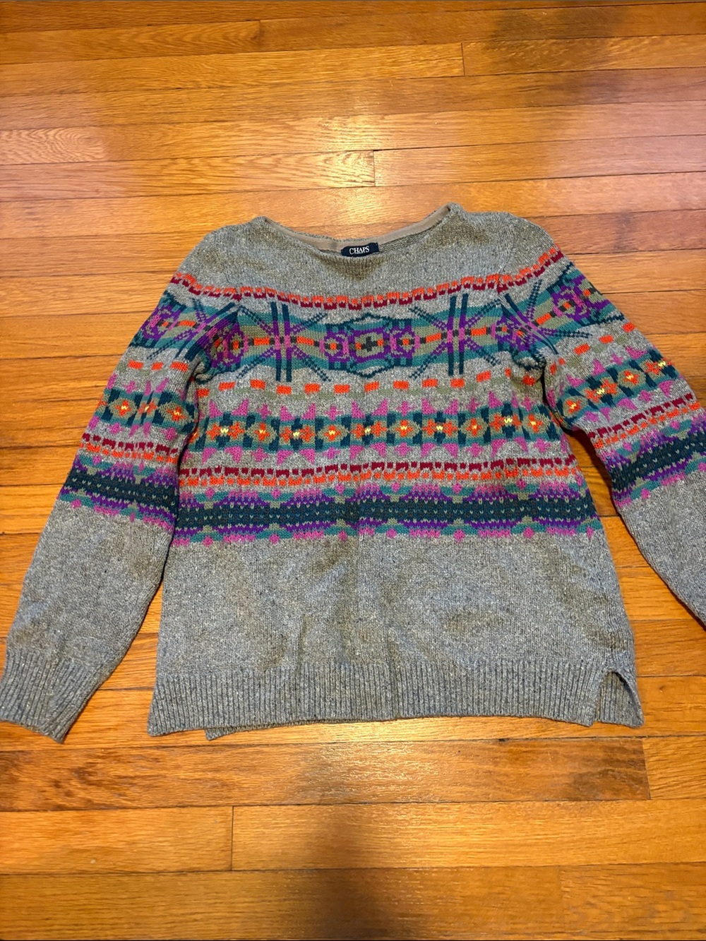 Chaps Men’s Gray Crewneck Sweater with Multicolor Fair Isle Yoke